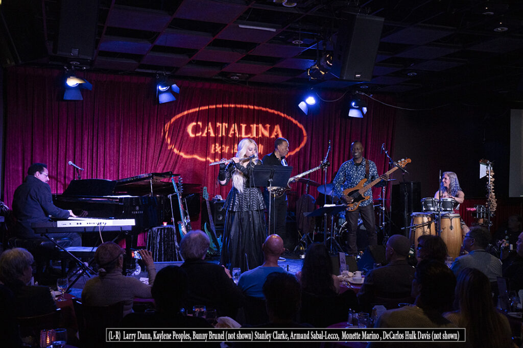 (L-R) Larry Dunn, Kaylene Peoples, Armand Sabal-Lecco, Armand Sabal-Lecco, Monette Marino, DecCarlos Hulk Davis, perform at the Catalina Jazz Club for Bass Ball 2 CD Release Concert